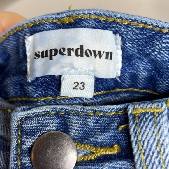 Superdown Revolve Size 23 Medium Wash Rhinestone Studded Distressed Denim Shorts - Picture 9 of 11